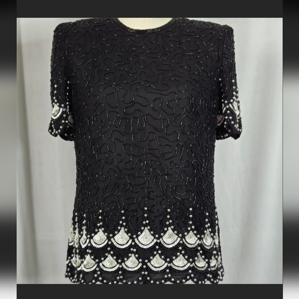 Vintage Silk Elegant Black and White Women's Top